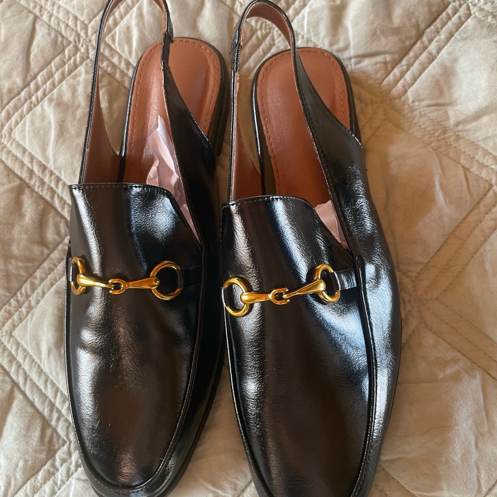 Black Leather Slingback Loafers with Gold Buckle